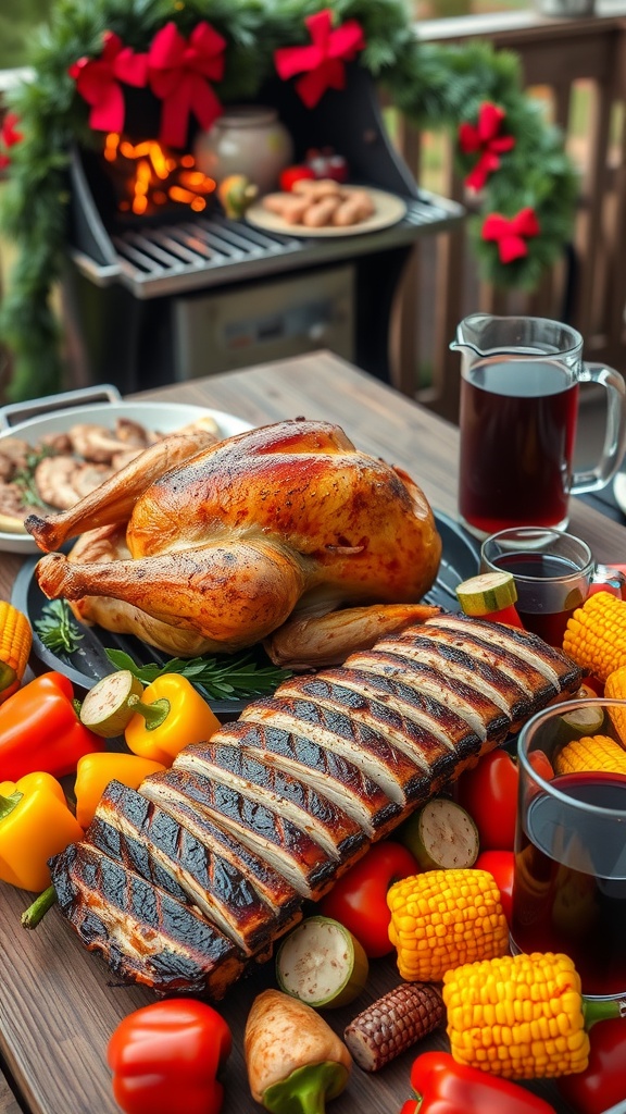 A beautiful barbecue display featuring grilled turkey, pork ribs, seasonal vegetables, and festive decorations.